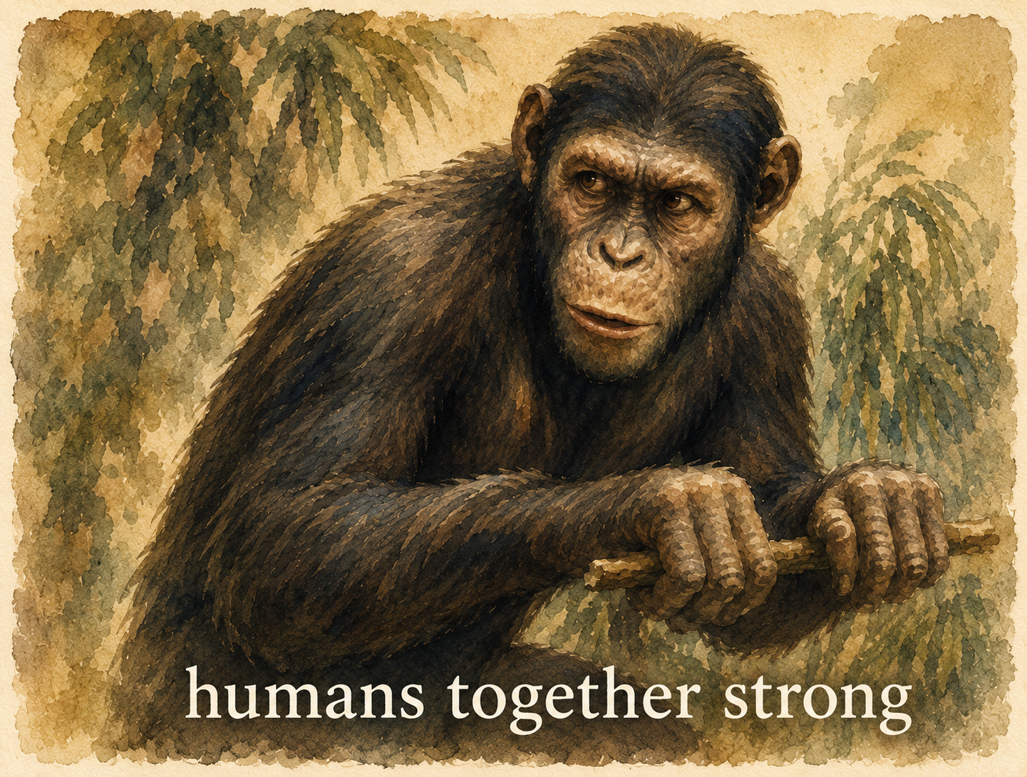 Watercolor ape resting on a branch, captioned 'humans together strong'
