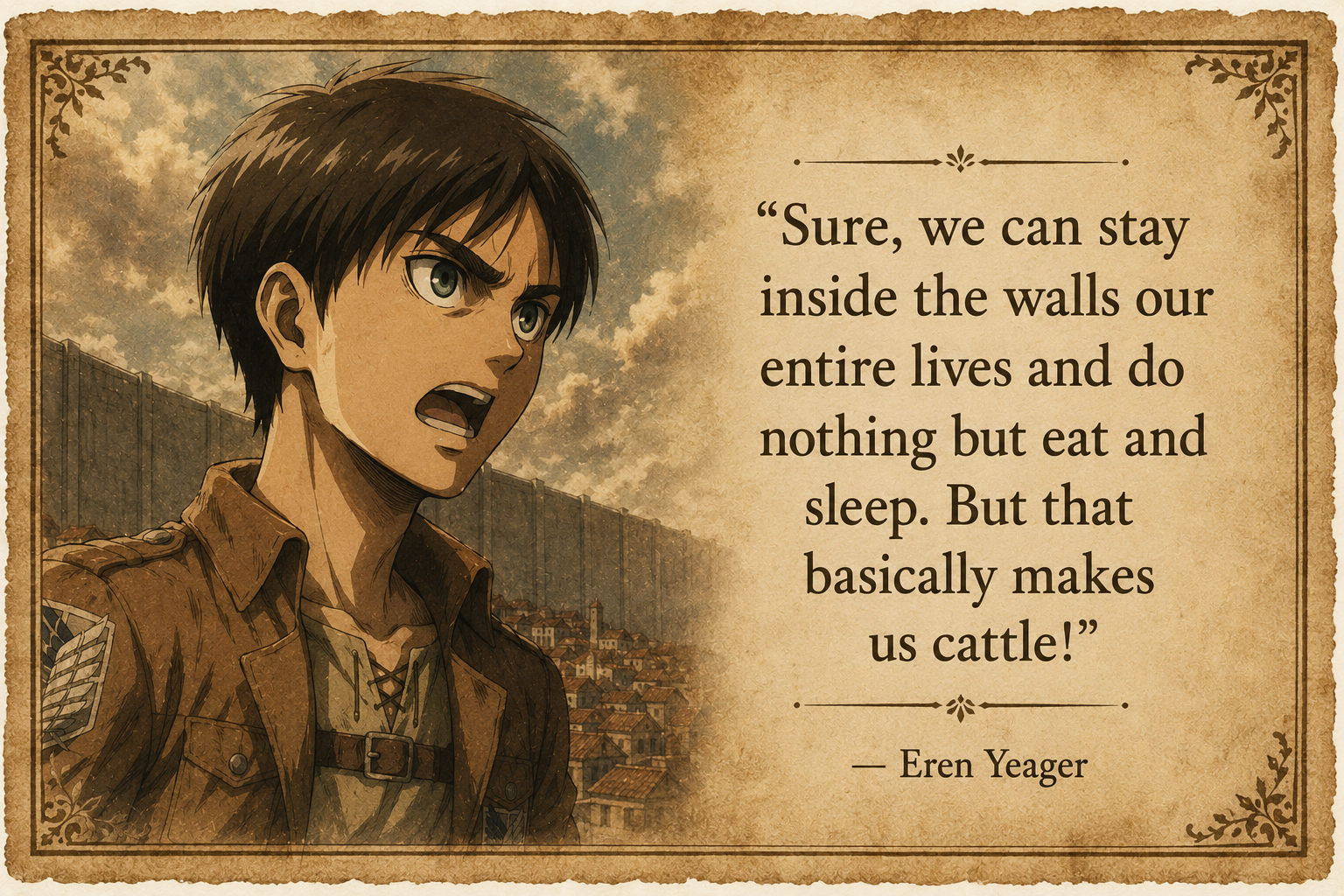 Watercolor of Eren Yeager beside his 'stay inside the walls our entire lives... basically makes us cattle' quote