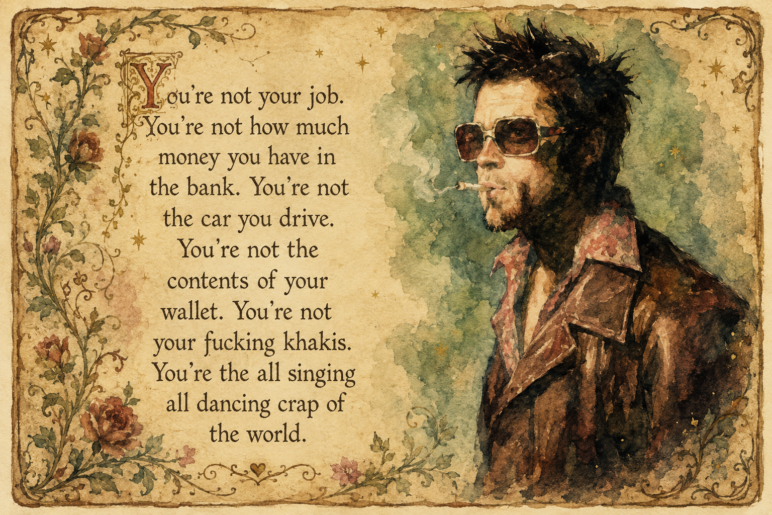 Watercolor of Tyler Durden beside his 'you're not your job' speech