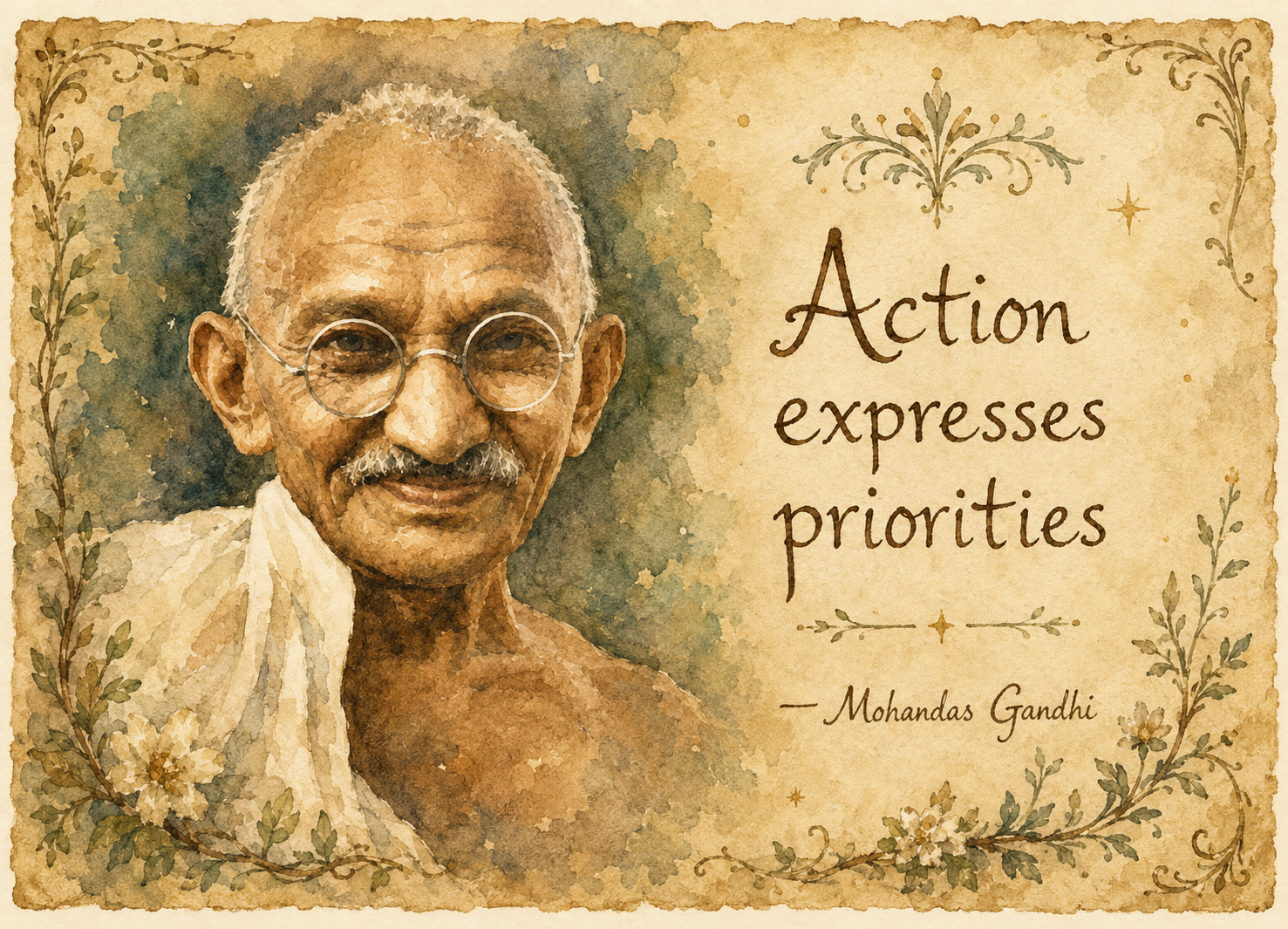 Watercolor of Gandhi beside his 'action expresses priorities' quote
