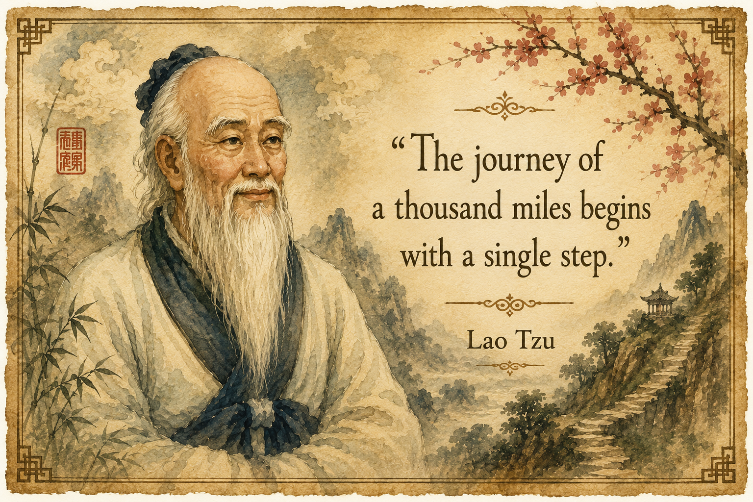 Watercolor of Lao Tzu beside his 'journey of a thousand miles begins with a single step' quote