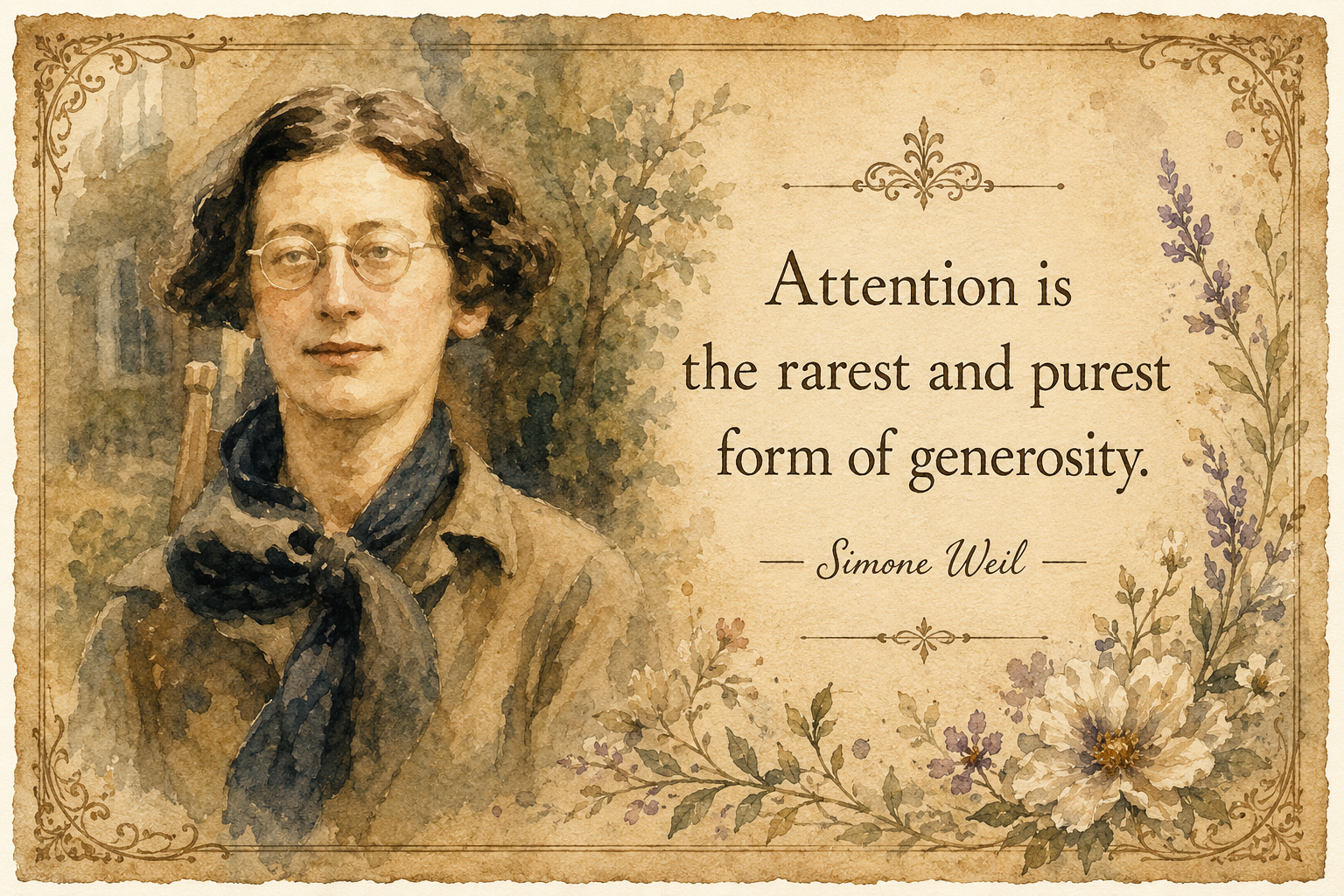 Watercolor of Simone Weil beside her 'attention is the rarest and purest form of generosity' quote