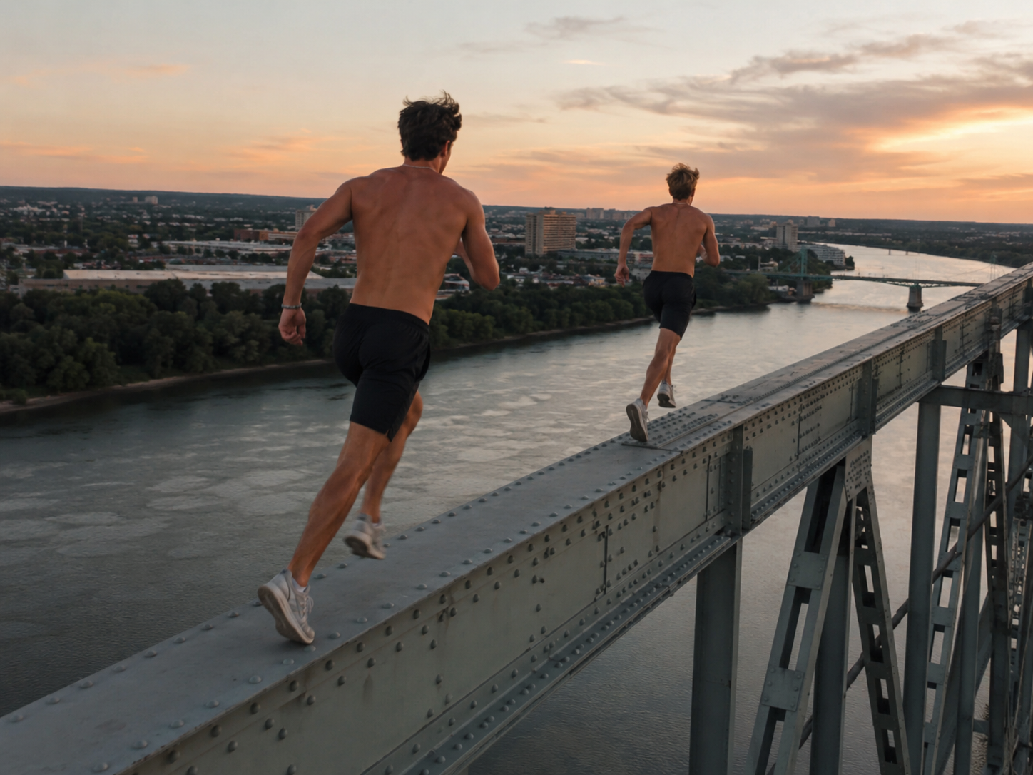 Two friends running across a bridge at sunset